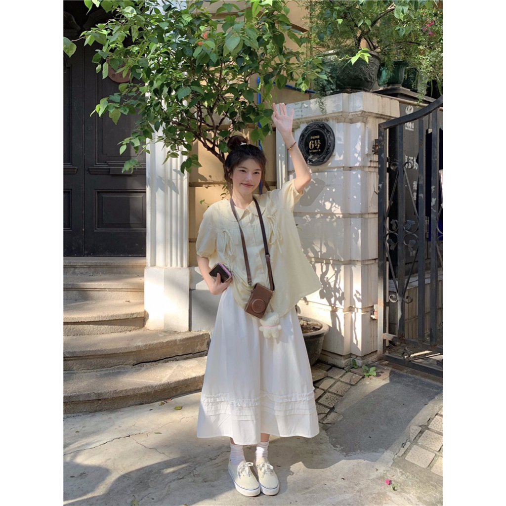 𝗺𝗶𝗲 𝘀𝘁𝘂𝗱𝗶𝗼 - Set Áo tiểu thư ngắn tay vàng x Chân váy trắng lolita
