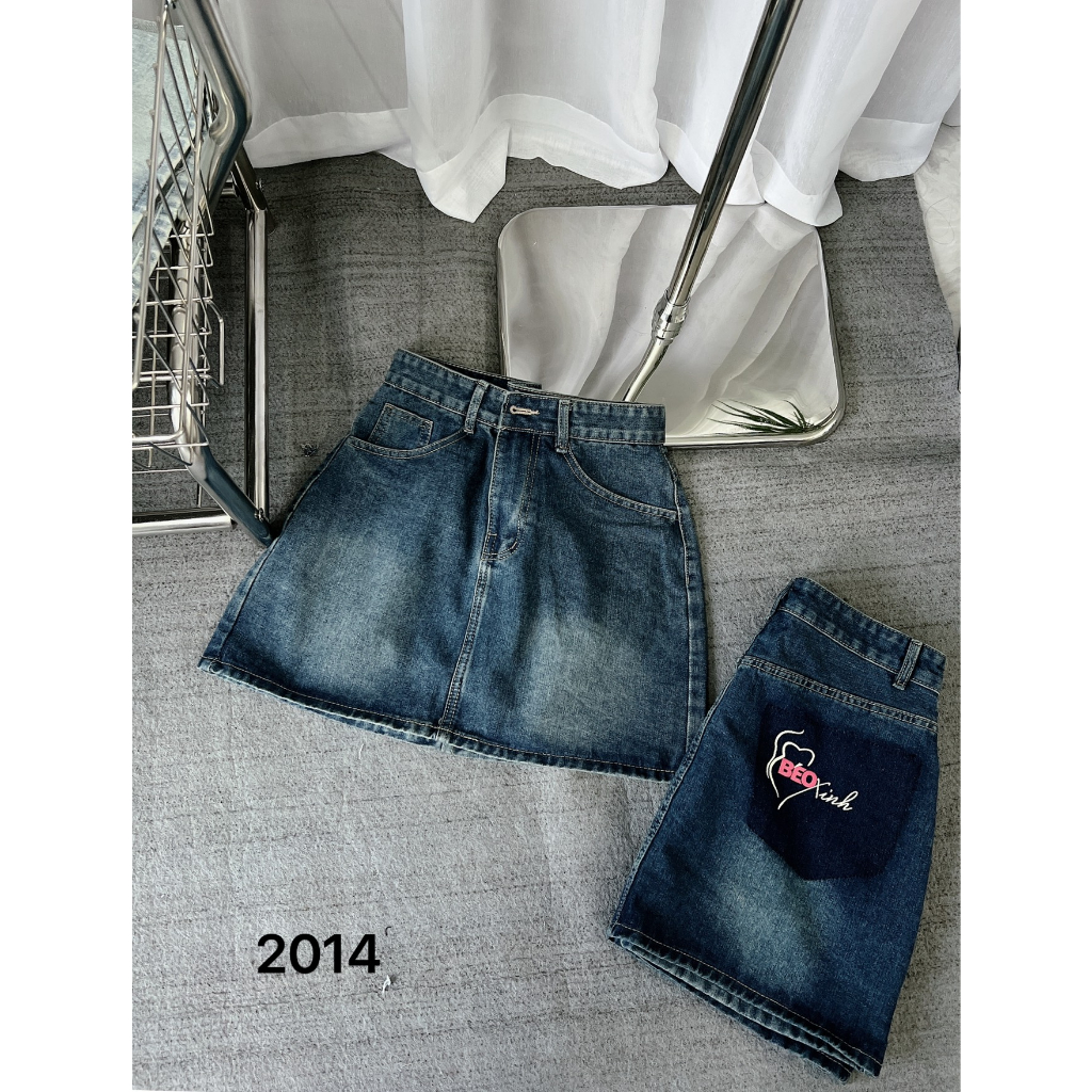 Chân váy Jean Bigsize từ 55-85kg có lót vải quần trong in chữ Béo Xinh cạp cao cho nữ đi chơi đi biển 2KJean Ms2014