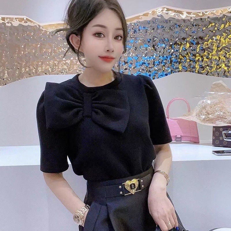Áo kiểu cổ tròn kết nơ lệch ngực, áo dạ kiểu xinh xắn