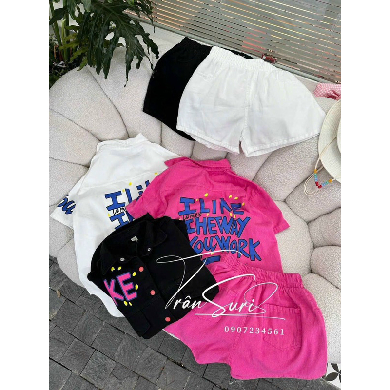 SET BỘ KAKI JEANS ÁO SƠMI IN CHỮ PHỐI QUẦN ĐÙI LƯNG THUN