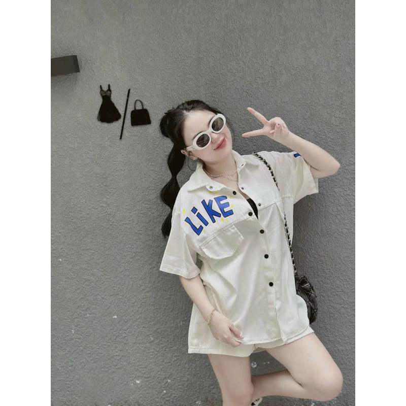 SET BỘ KAKI JEANS ÁO SƠMI IN CHỮ PHỐI QUẦN ĐÙI LƯNG THUN