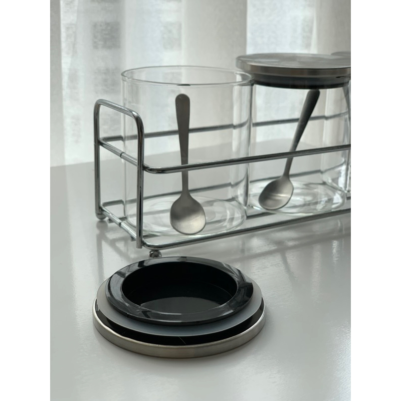 Set 3 hũ đựng gia vị nắp inox kèm khay