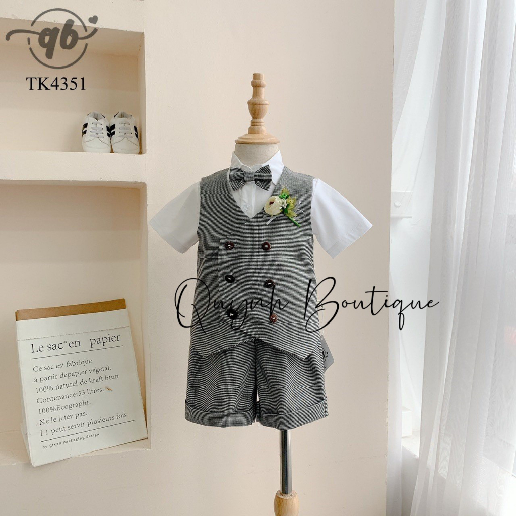 Vest Bé Trai Cao Cấp Quỳnh Boutique Set Vest Cộc Lãng Tử Kẻ Xám Nhỏ Kèm Áo Sơ Mi Hoa Và Nơ Cài Áo