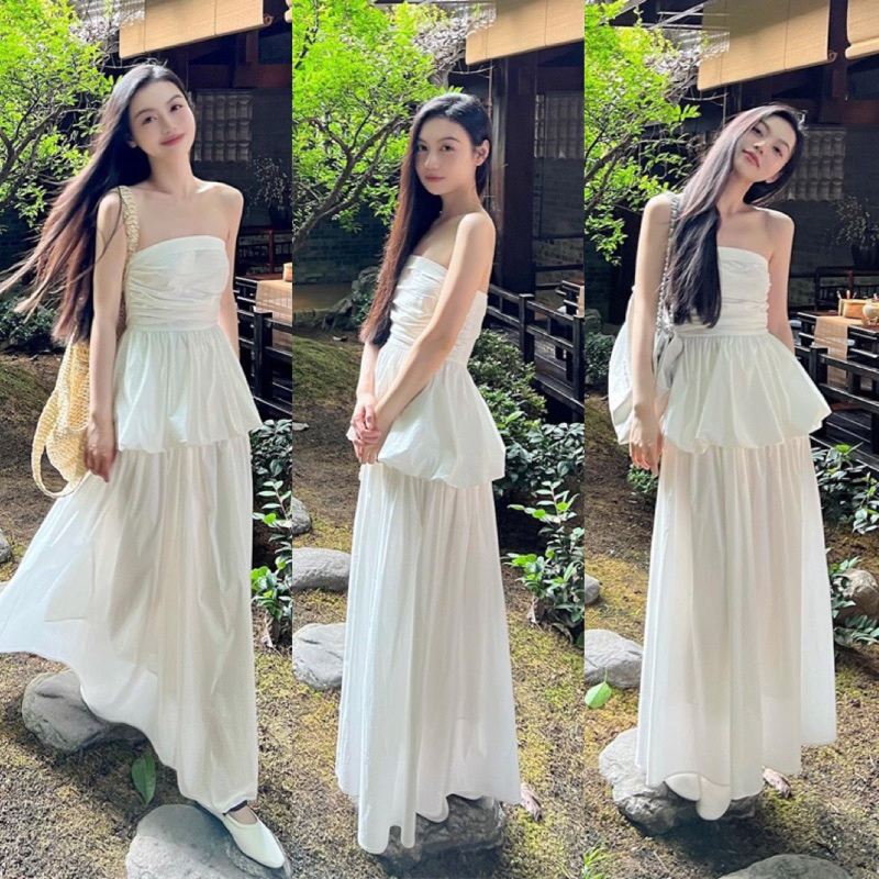 Set áo cúp quây trơn 2 lớp có đệm ngực chun sau mix chân váy dài midi cực xinh
