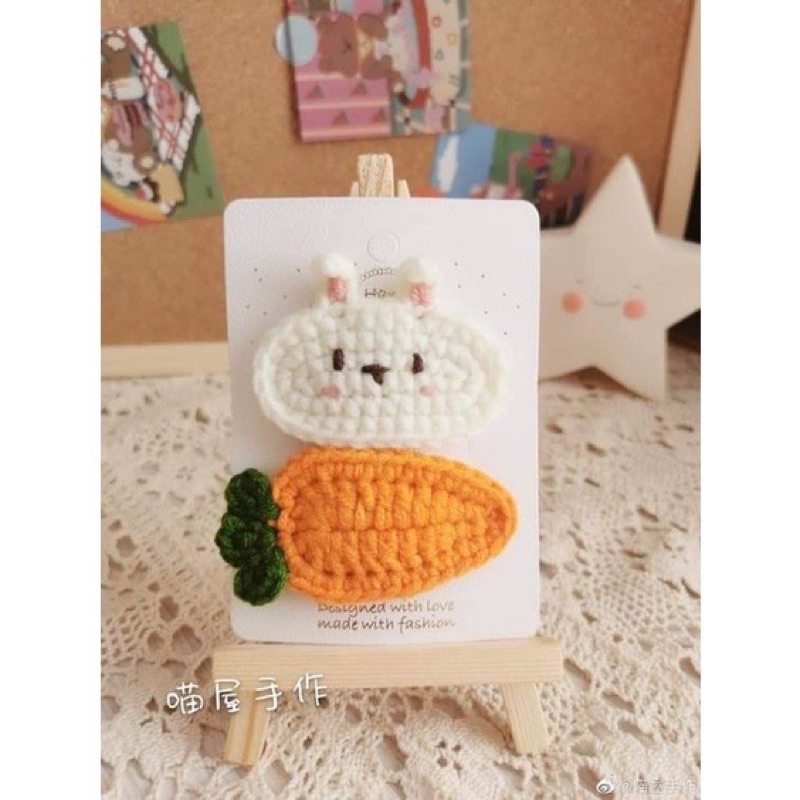 set kẹp tóc thỏ cà rốt cute bằng len handmade