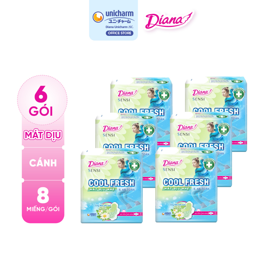 Bộ 6 gói băng vệ sinh Diana Sensi Cool Fresh Mát Dịu Siêu Mỏng Cánh 8 miếng/gói