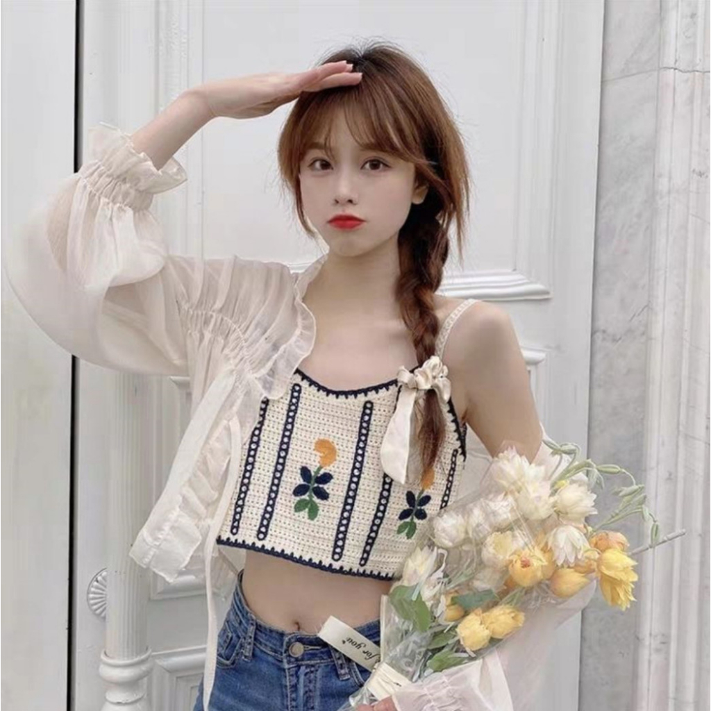 ÁO 2 DÂY/GILE DỆT KIM HỌA TIẾT THÊU HOA CAM DỄ THƯƠNG 115
