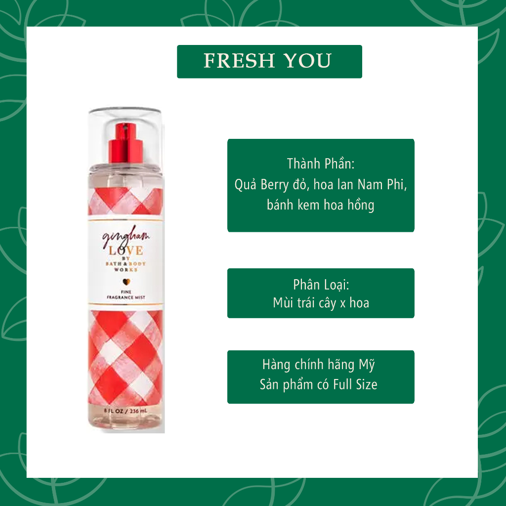 Gingham  - 10ml 30ml Xịt thơm toàn thân body mist Bath & Body Works  - fresh you