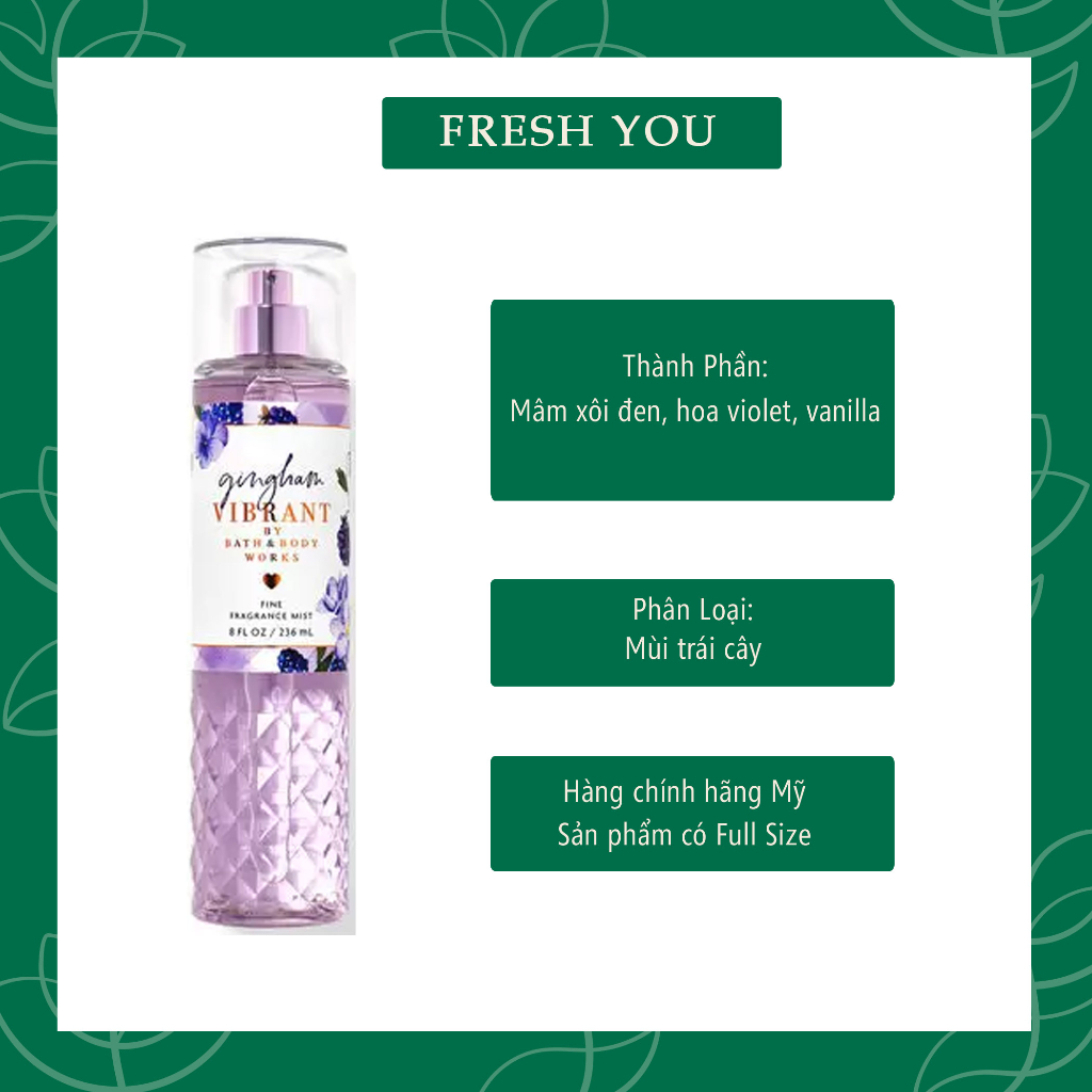 Gingham  - 10ml 30ml Xịt thơm toàn thân body mist Bath & Body Works  - fresh you