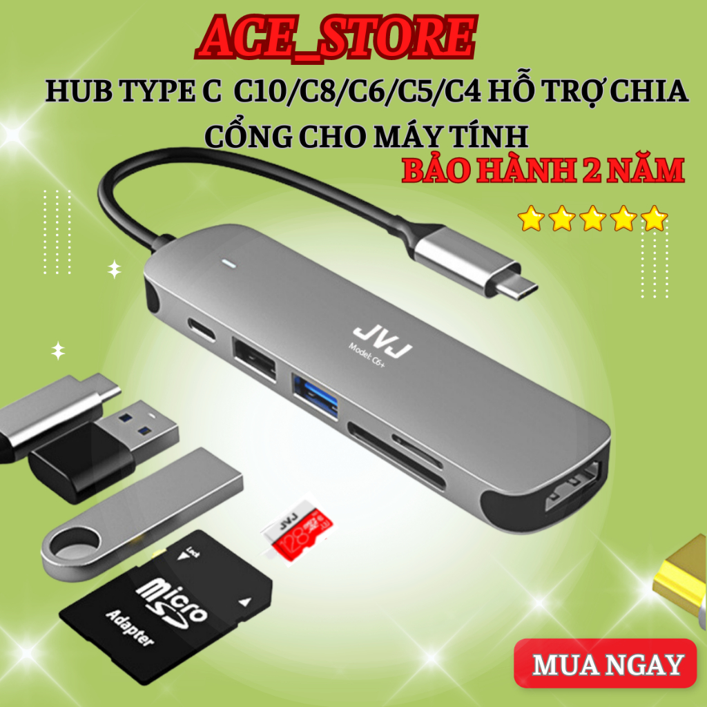 Hub type C USB C6 JVJ 6 trong 1 đa năng cổng chuyển đổi chia cổng USB 3.0 tốc độ 500Mb/s SD,TF,4K,HDMI cho Laptop