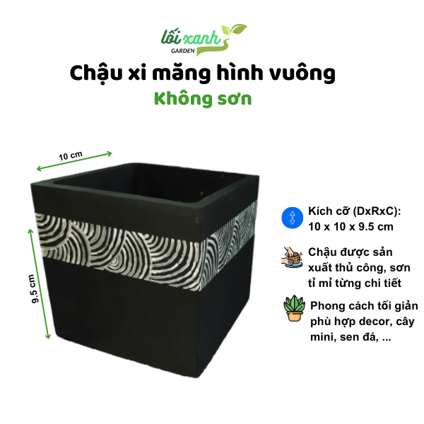 Chậu xi măng hình vuông (Đen viền trắng) kích cỡ 10x10x9.5cm phù hợp decor, chân nến thơm, trồngcây mini, bonsai, sen đá
