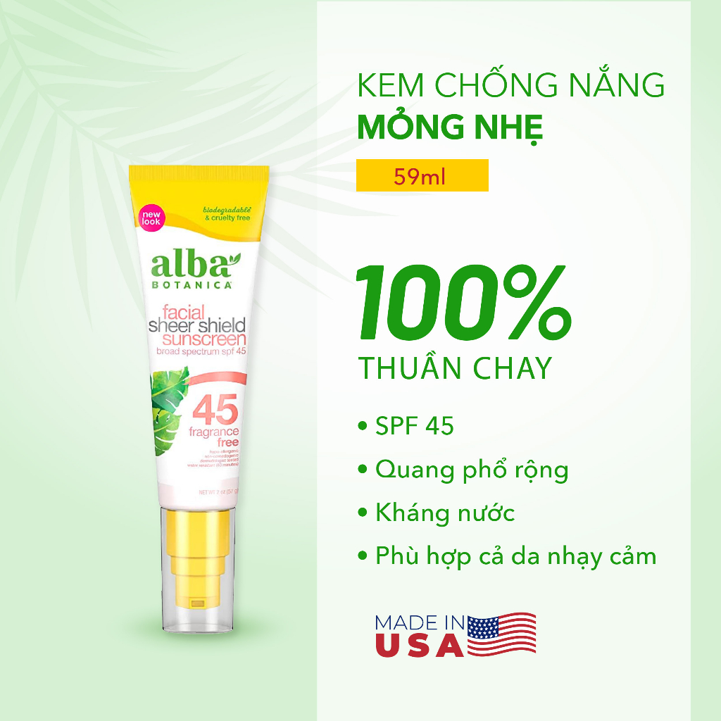 Kem chống nắng mỏng nhẹ dịu da ALBA BOTANICA FACIAL SHEER SHIELD SUNSCREEN SPF 45 không hương liệu 59ml