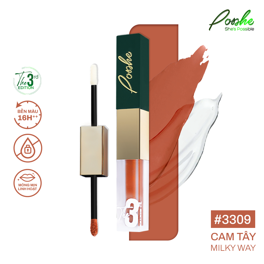 Son Lì 2 Đầu POSSHE 3309 CAM TÂY - Siêu Lì 7ml - Không Chì Lâu Trôi Bền màu 16h++