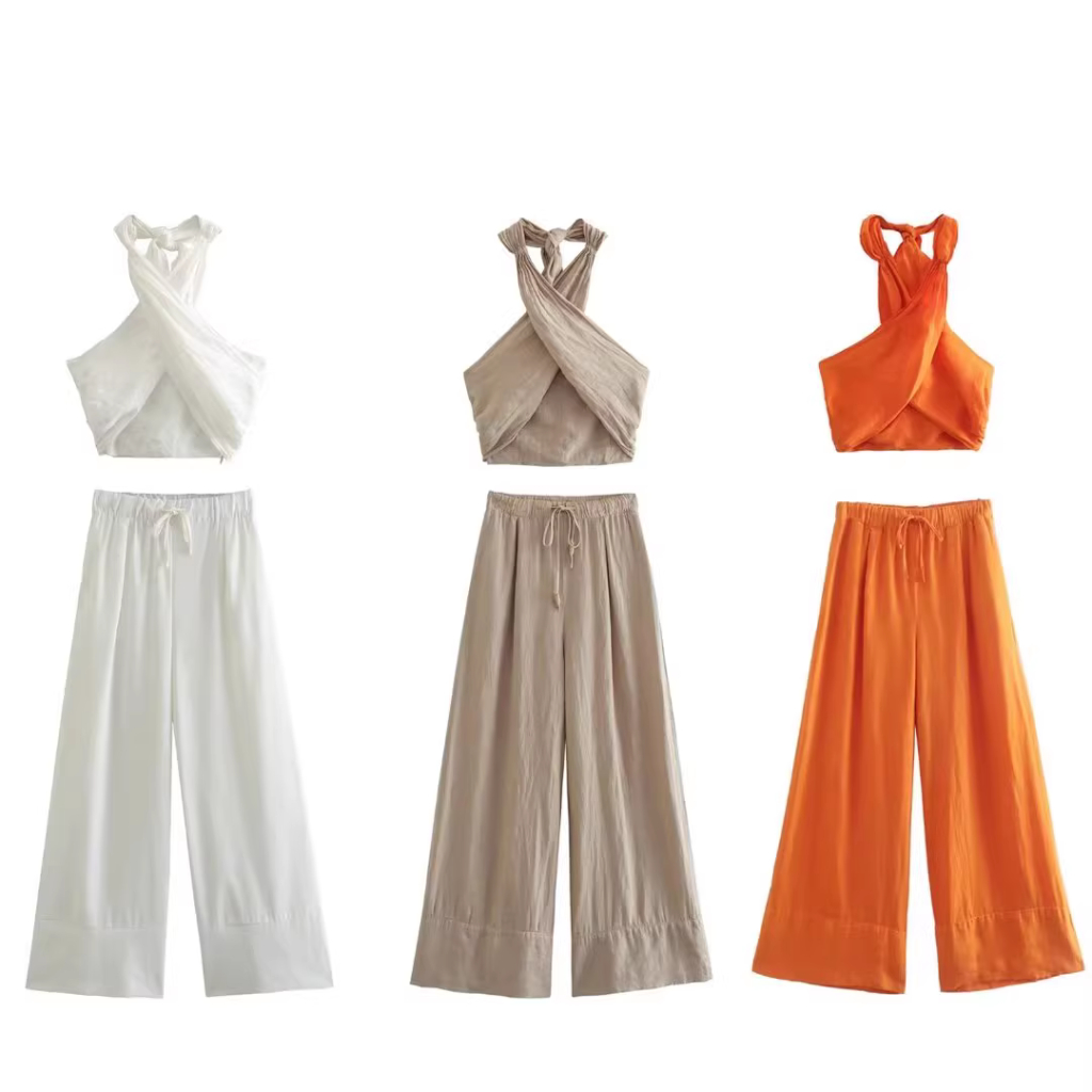 Made in Morocco - Áo Zara sexy Vải Lanh Màu Trắng và cam Phong Cách Âu Mỹ BN40
