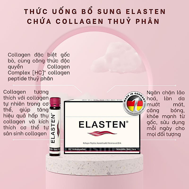 Nước uống The Collagen Elasten Giúp Da Căng Mịn, Chống Lão Hóa, Tóc Chắc Khỏe - Collagen Số 1 Tại Đức 28 ống x 25ml