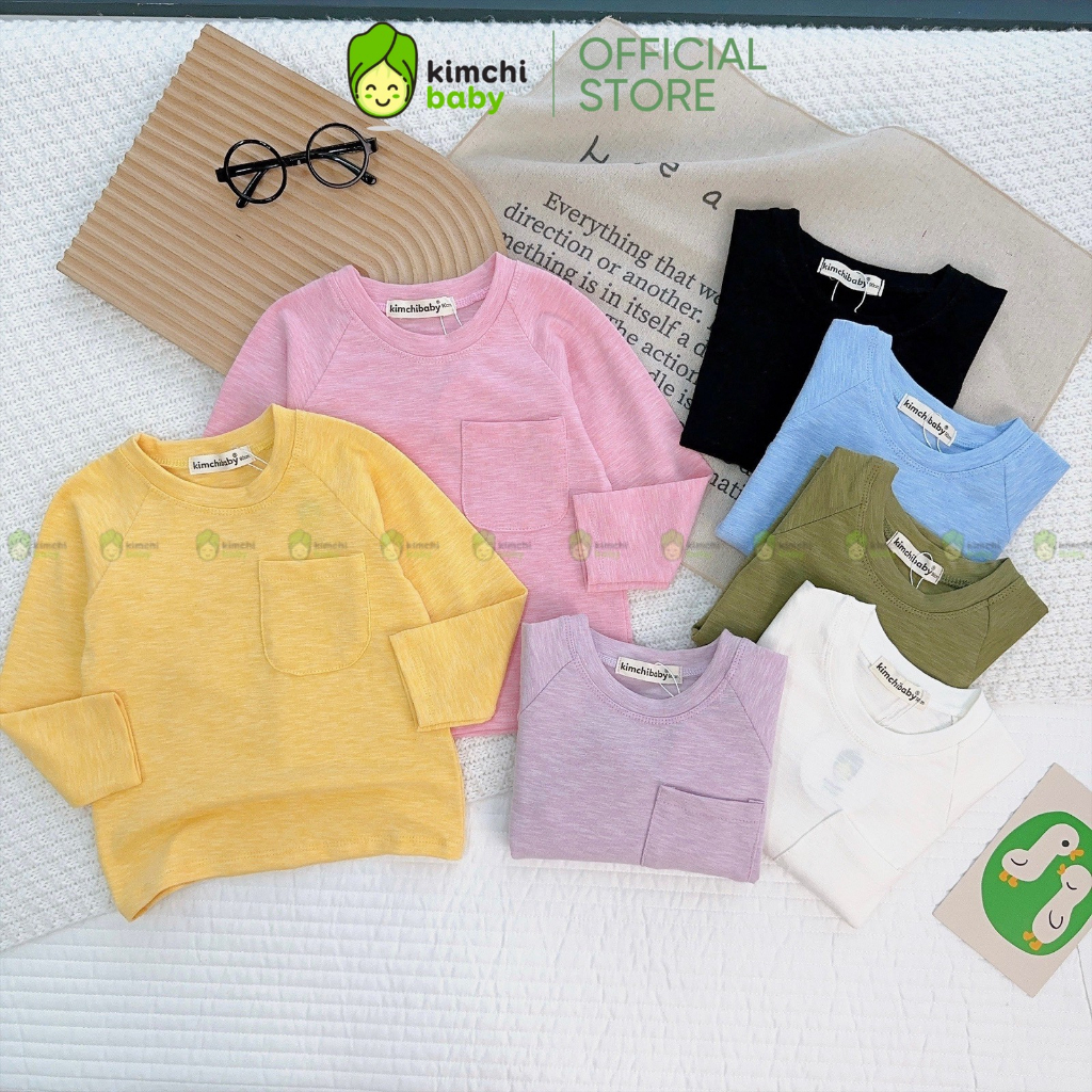 Áo Dài Tay Cho Bé Trai, Bé Gái KIMCHIBABY Vải Cotton Dư Xịn Giáp Lăng Túi Ngực, Áo Thun Cho Bé Mặc Nhà KCAD301