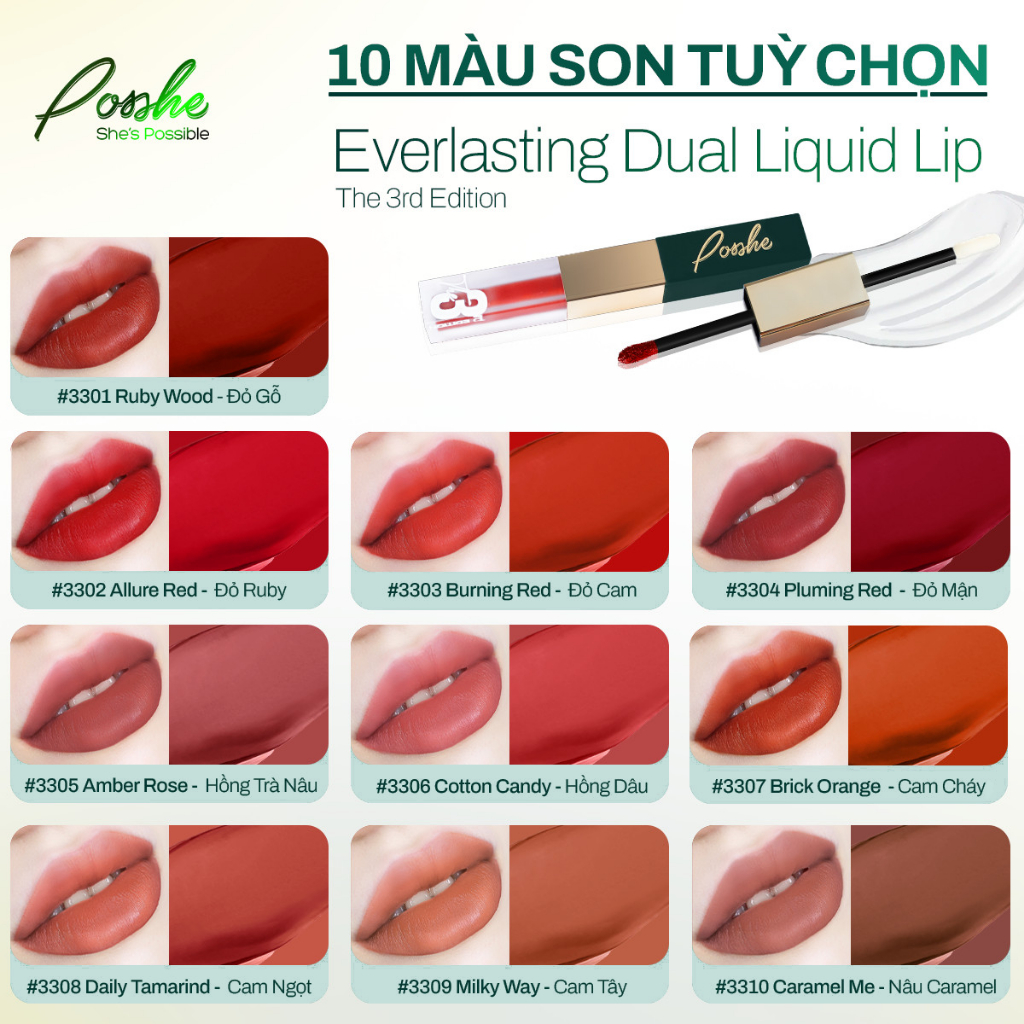 Son Lì POSSHE Cải Tiến Mới (Everlasting) - MÀU ĐỎ GỖ - Son 2 Đầu 7ml  Siêu Bền Chứa Gel Khóa Son Lâu Trôi 16h Chống Lem