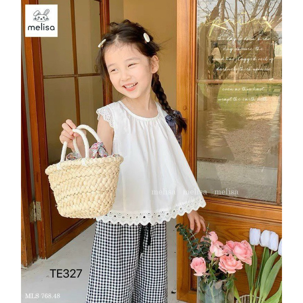 SET ÁO ĐŨI GIẤY PHỐI VIỀN REN VÀ QUẦN KẺ HÀNG LOẠI 1 DÀNH CHO BÉ GÁI