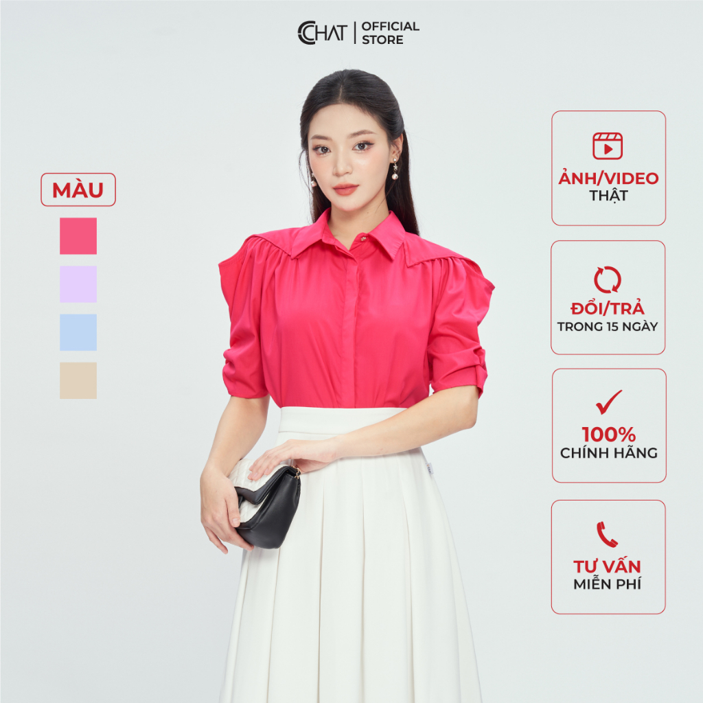 Áo Sơ Mi Nữ 𝐂𝐂𝐇𝐀𝐓 Vai Kiểu Cutout Dáng Suông Chất Thô Cao Cấp 13FNT2010ST