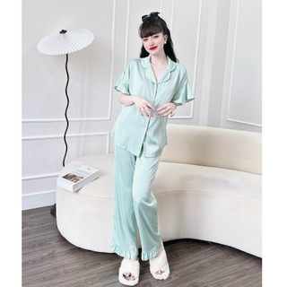 Bộ mặc nhà nhistore pijama quần dài tay cánh tiên phối bèo lụa latin cao cấp freesize 45kg-->60kg