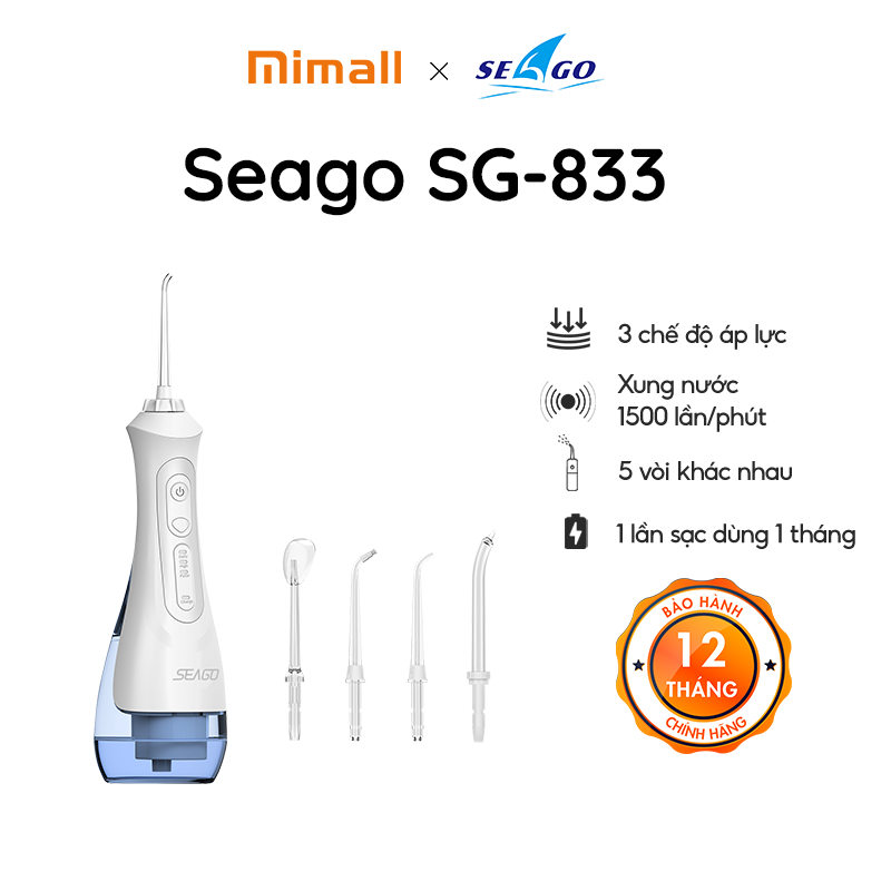 Tăm nước với 3 chế độ áp lực/ 5 vòi khác nhau/ Xung nước 1500 lần/ phút Seago SG-833 - Hàng chính hãng