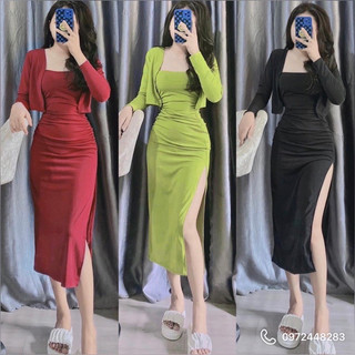 🍒🍒🍒SÉT VÁY MAXXI DÀI NHÚN XẺ TÀ KÈM ÁO KHOÁC TD CHẤT THUN GÂN LYIE BDB77