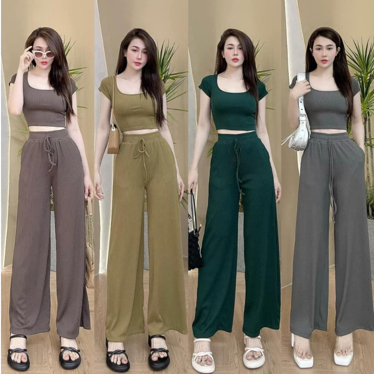 Đồ bộ nữ, set đồ nữ quần ống rộng đai cao có túi kèm áo croptop tay ngắn cổ vuông thun cotton gân, bộ đồ mặc ở nhà