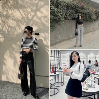 [160] Áo thun dài tay áo giữ nhiệt croptop cổ tròn tag phom ôm ba màu đen trắng kẻ đi làm đi chơi năng động