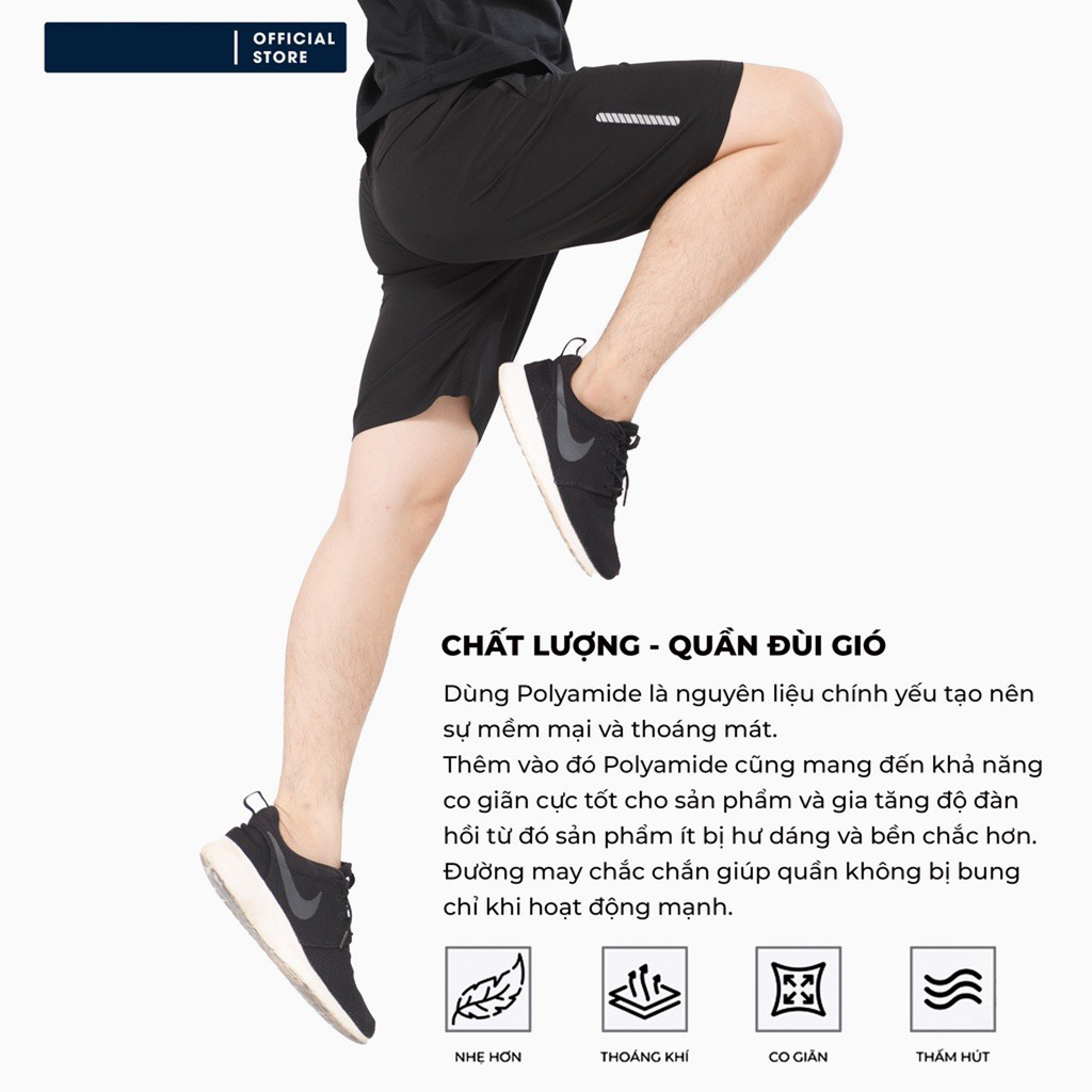 Quần short thể thao, quần đùi nam tập gym vải gió thoáng mát logo mặc trước và sau quần ép phản quang