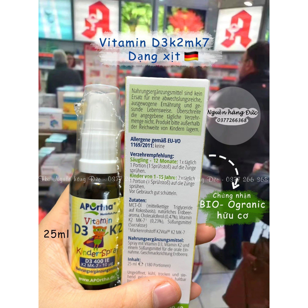Xịt Vitamin D3 k2 mk7 hữu cơ Organic CAO CẤP cho bé  APOrtha cho trẻ sơ sinh - Nguồn hàng Đức d