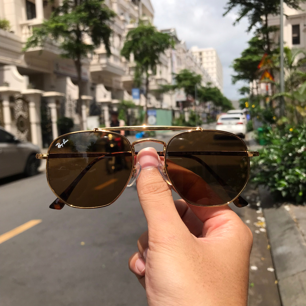 Kính mát râm rayban 3648 của ý, 2nd phom gọng đa giác nâu trà đi ngày và đêm, unisex. Du lịch thời trang biển. ảnh thật