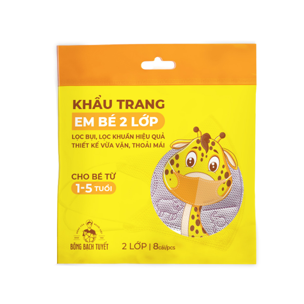 Khẩu trang Bông Bạch Tuyết Trẻ Em bé 2 lớp cho bé 1 - 5 tuổi (8 cái/gói) Màu Xanh