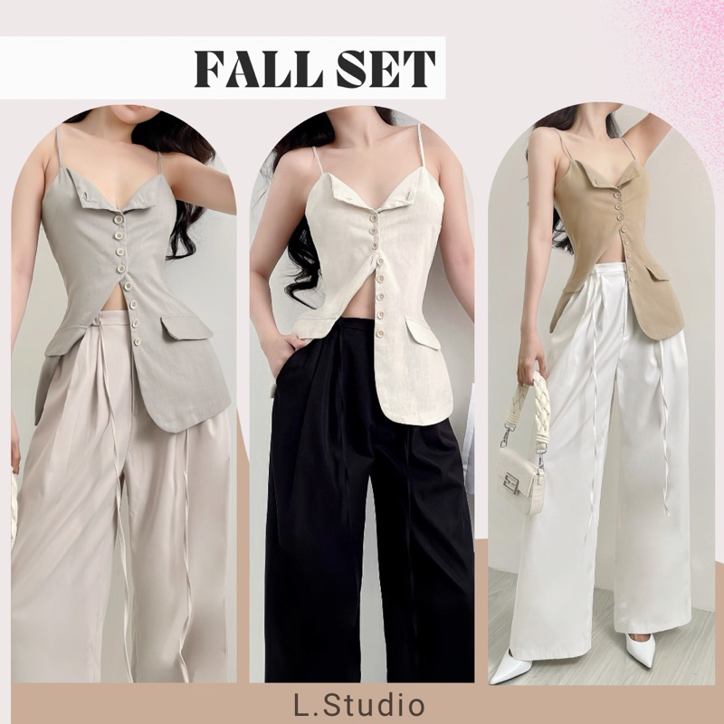 Fall Set - Set áo 2 dây dáng Ghile nút giữa, Quần dáng Korea lưng dây rút chất liệu cao cấp