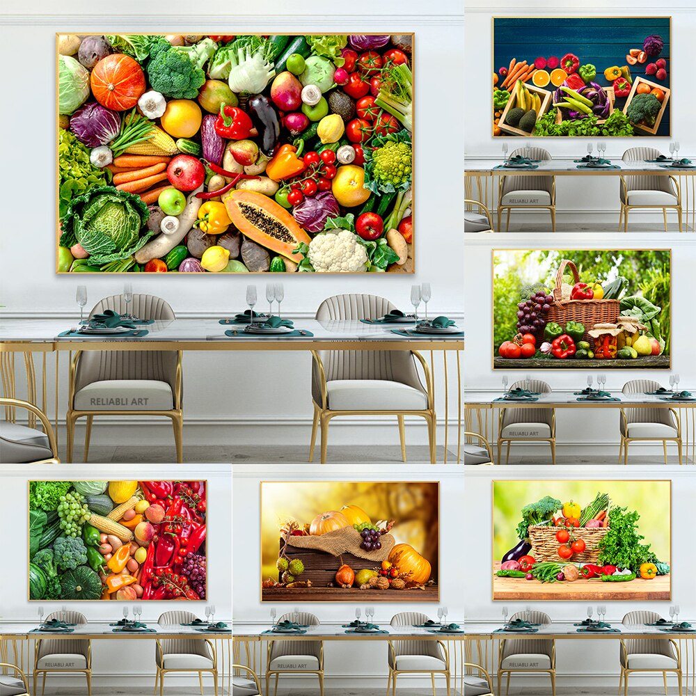Tranh treo tường tráng gương rau củ quả tranh trang trí phòng bếp quán ăn tặng kèm đinh treo