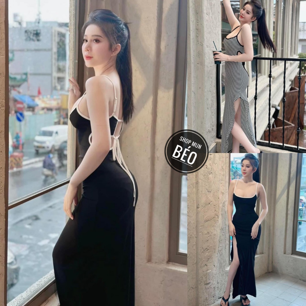 Đầm 2 dây viền xẻ đùi bèo có sẵn mút chất thun gân co giãn thích hợp mặc đi tiệc đi làm đi chơi