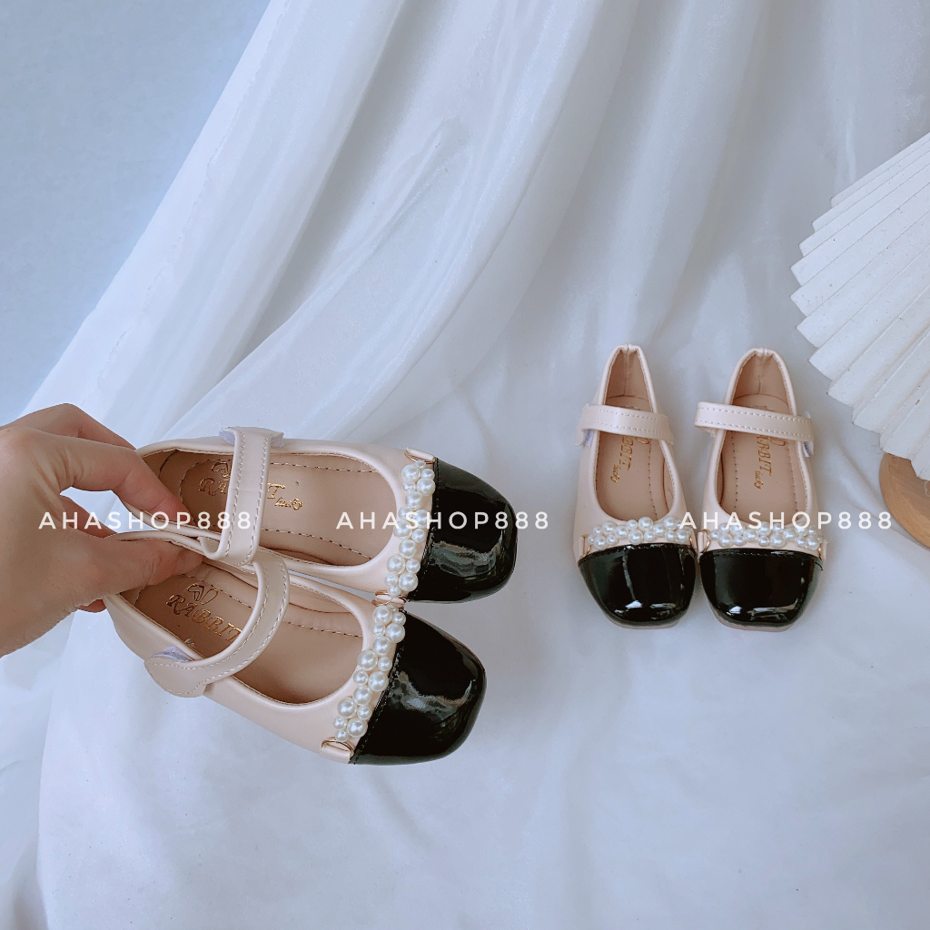 Giày Búp Bê Bít Mũi Đen Phối Quai Ngọc Da Siêu Mềm Cho Bé Gái 5-13 Tuổi K009