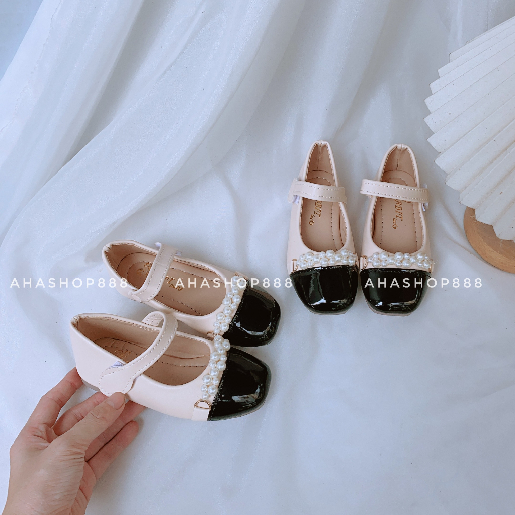 Giày Búp Bê Bít Mũi Đen Phối Quai Ngọc Da Siêu Mềm Cho Bé Gái 5-13 Tuổi K009
