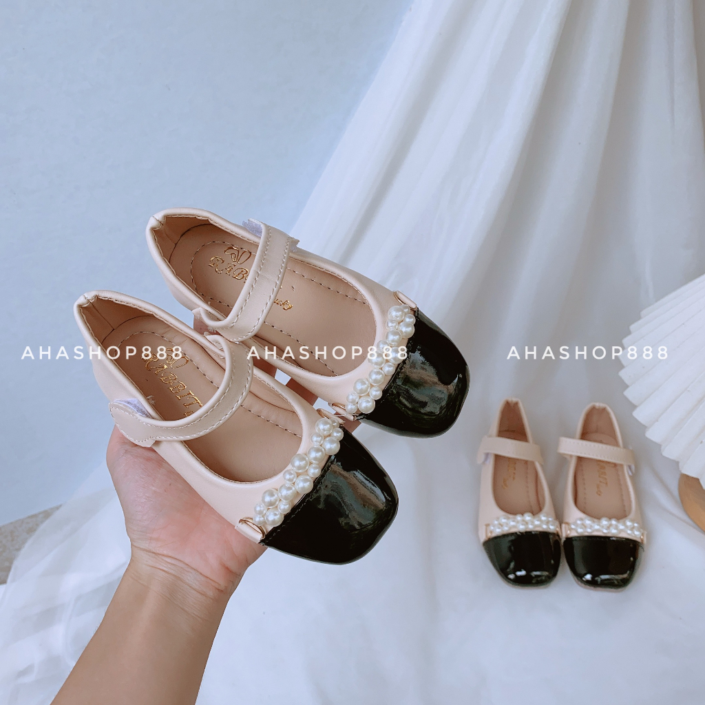 Giày Búp Bê Bít Mũi Đen Phối Quai Ngọc Da Siêu Mềm Cho Bé Gái 5-13 Tuổi K009