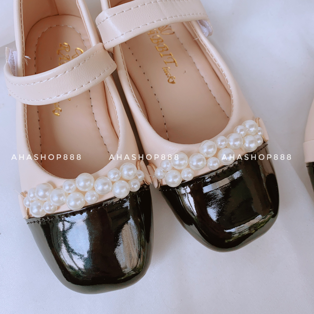 Giày Búp Bê Bít Mũi Đen Phối Quai Ngọc Da Siêu Mềm Cho Bé Gái 5-13 Tuổi K009