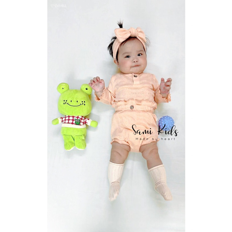 Bộ dài tay quần nhún bèo kèm turban cho bé cotton thông hơi Hàn 3-13kg SAMIKIDS