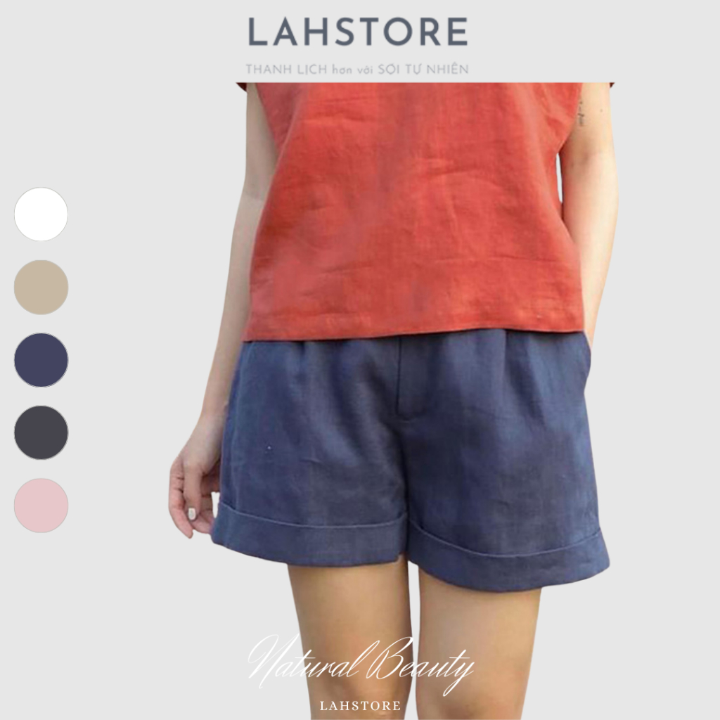 𝐋𝐀𝐇𝐒𝐓𝐎𝐑𝐄 - Quần cộc nữ ống rộng vải linen xắn gấu lưng thun (Xanh Than)