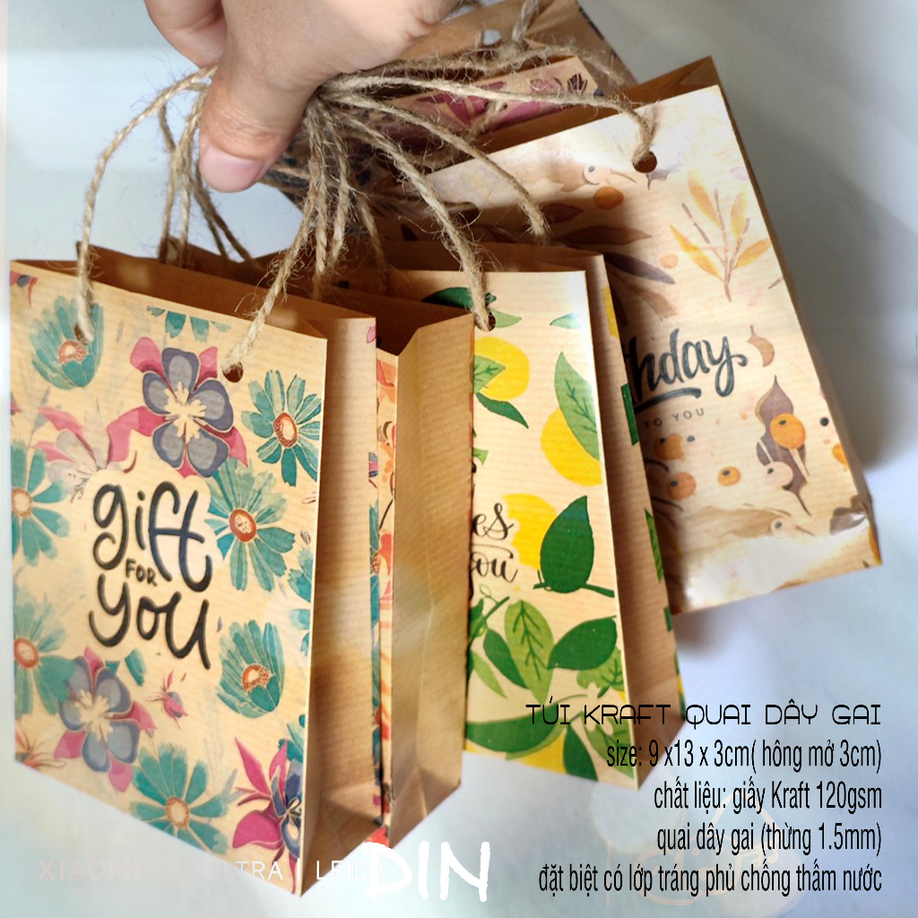 𝐜𝐨𝐦𝐛𝐨 𝟓𝟎 túi giấy craft mini KT 9x13x3cm - túi giấy xi măng quai dây thừng - giỏ quà tặng dễ thương | DIN Store