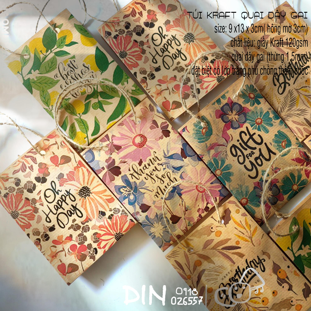 𝐜𝐨𝐦𝐛𝐨 𝟓𝟎 túi giấy craft mini KT 9x13x3cm - túi giấy xi măng quai dây thừng - giỏ quà tặng dễ thương | DIN Store