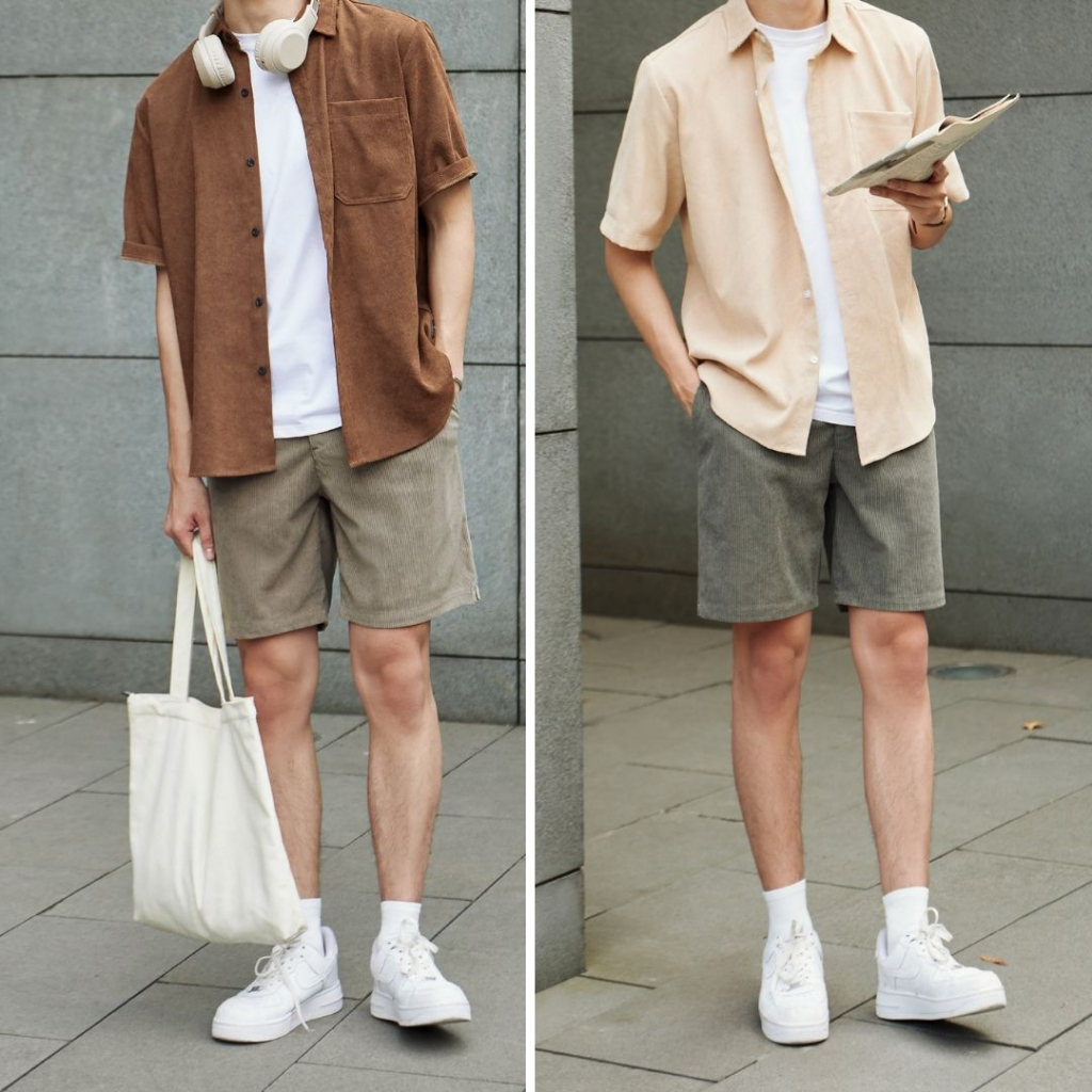 Áo sơ mi cộc tay nhung tăm nam nữ DOMINO chất liệu nhung tăm cao cấp from dáng trẻ trung basic