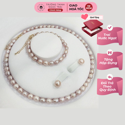 Bộ Trang Sức Ngọc Trai Hạt 7-8ly Màu Hồng Phấn Sang Trọng Dự Tiệc, Làm Quà Tặng - Ngọc Trai Trường Thịnh