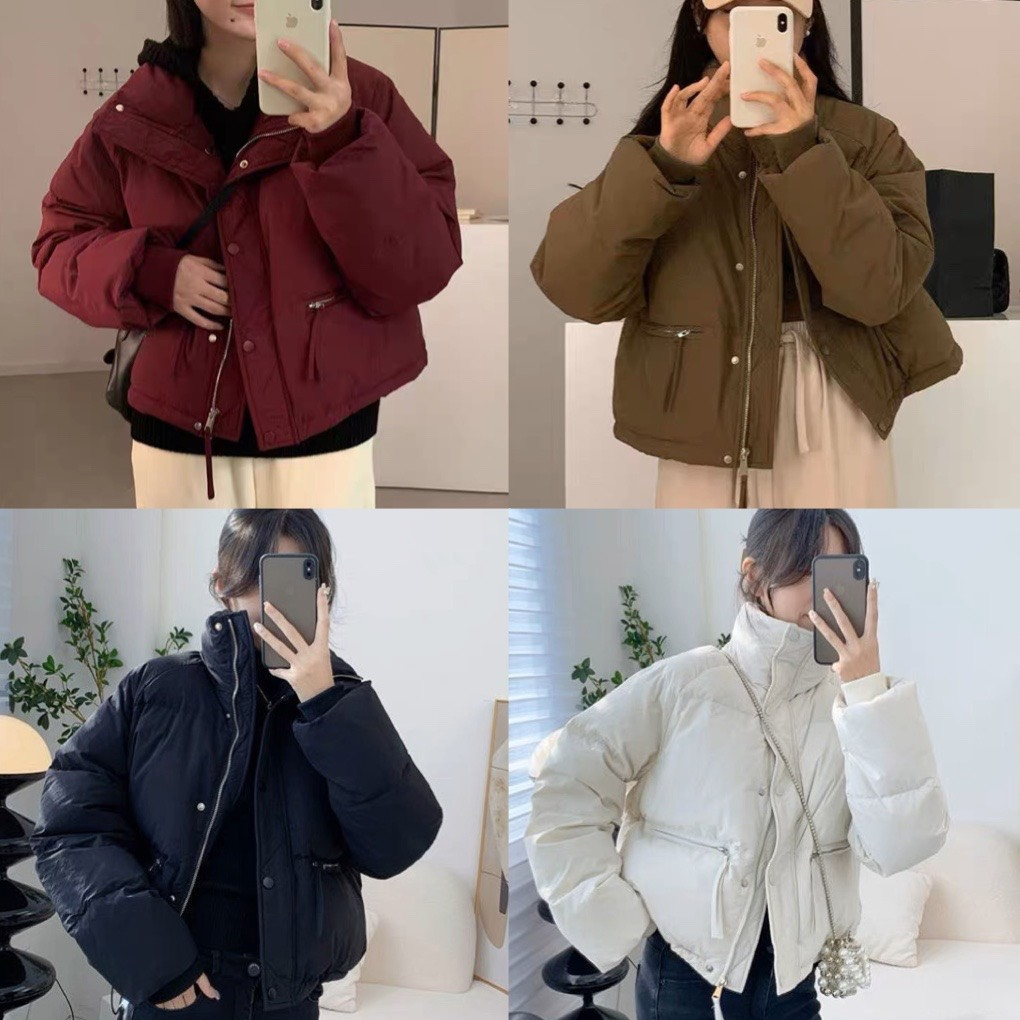 Áo khoác phao croptop túi ngang khóa vàng dài tay trần bông 3 lớp dày dặn, áo khoác mùa đông dáng ngắn màu đỏ nâu trắng