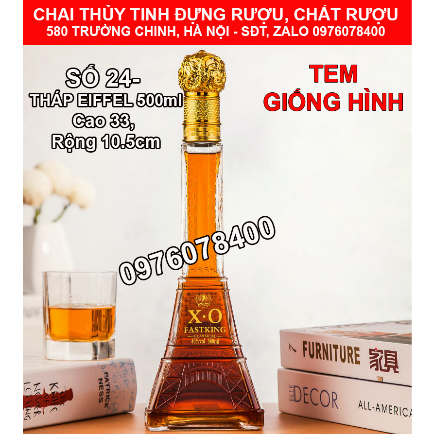 COMBO 2 Vỏ Chai Thủy Tinh Đựng Rượu Tháp Eiffel 500ml, Bình Ngâm Rượu Độc Lạ, CTT-24X2