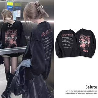 Salute Áo hoodie Đen cổ tròn nữ thời trang vintage mùa đông girl phố local brand Sweater Hàn Quốc cho 100%cotton