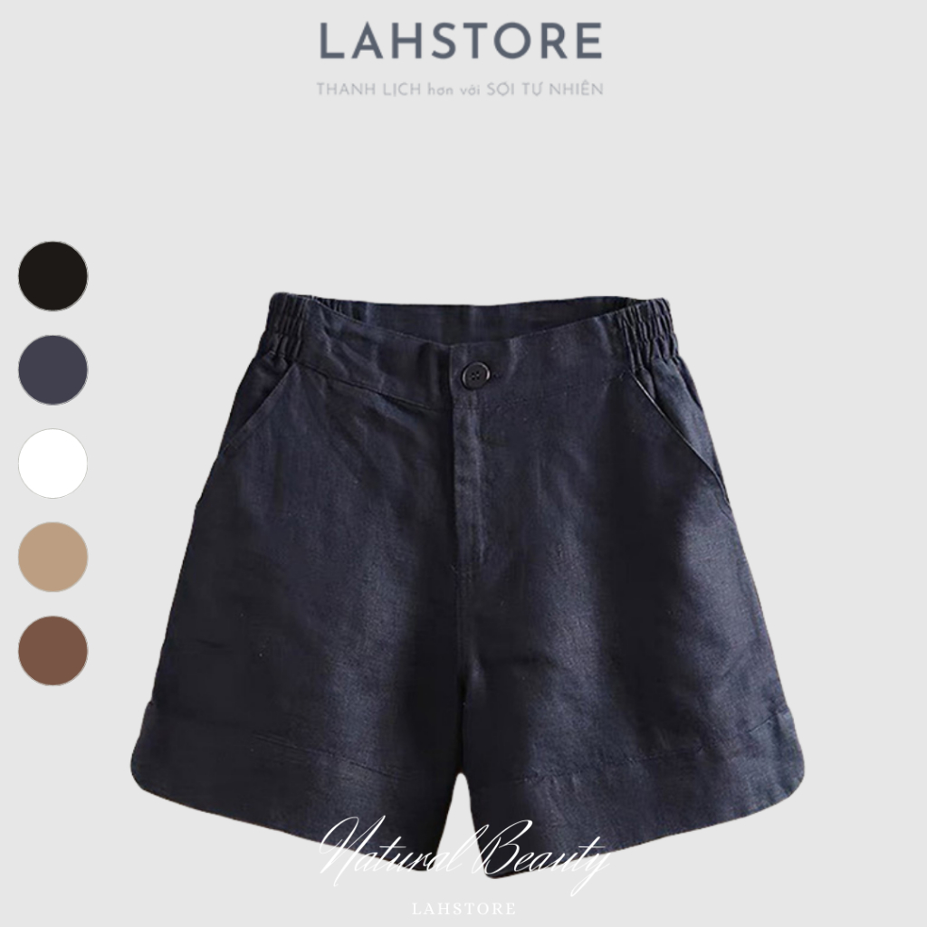 Quần đùi nữ ống rộng vải linen, ống xẻ cạp thun ngang eo LAHSTORE (Xanh Than)