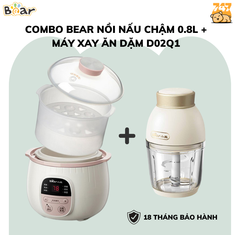 COMBO Nồi nấu chậm cho bé 0.8L Bear SUBE001+ Máy xay thực phẩm Mini màu trắng 0.6L Bear D02Q1, BH 18 tháng